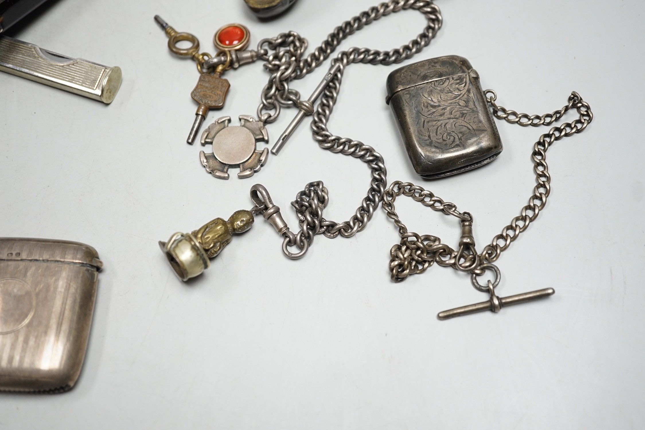 A cased pair of Edwardian silver shell salts, with spoons, and other items including Edwardian silver mounted bird pin cushion, by Sampson Mordan & Co, vesta cases, inlaid tortoiseshell card case etc.